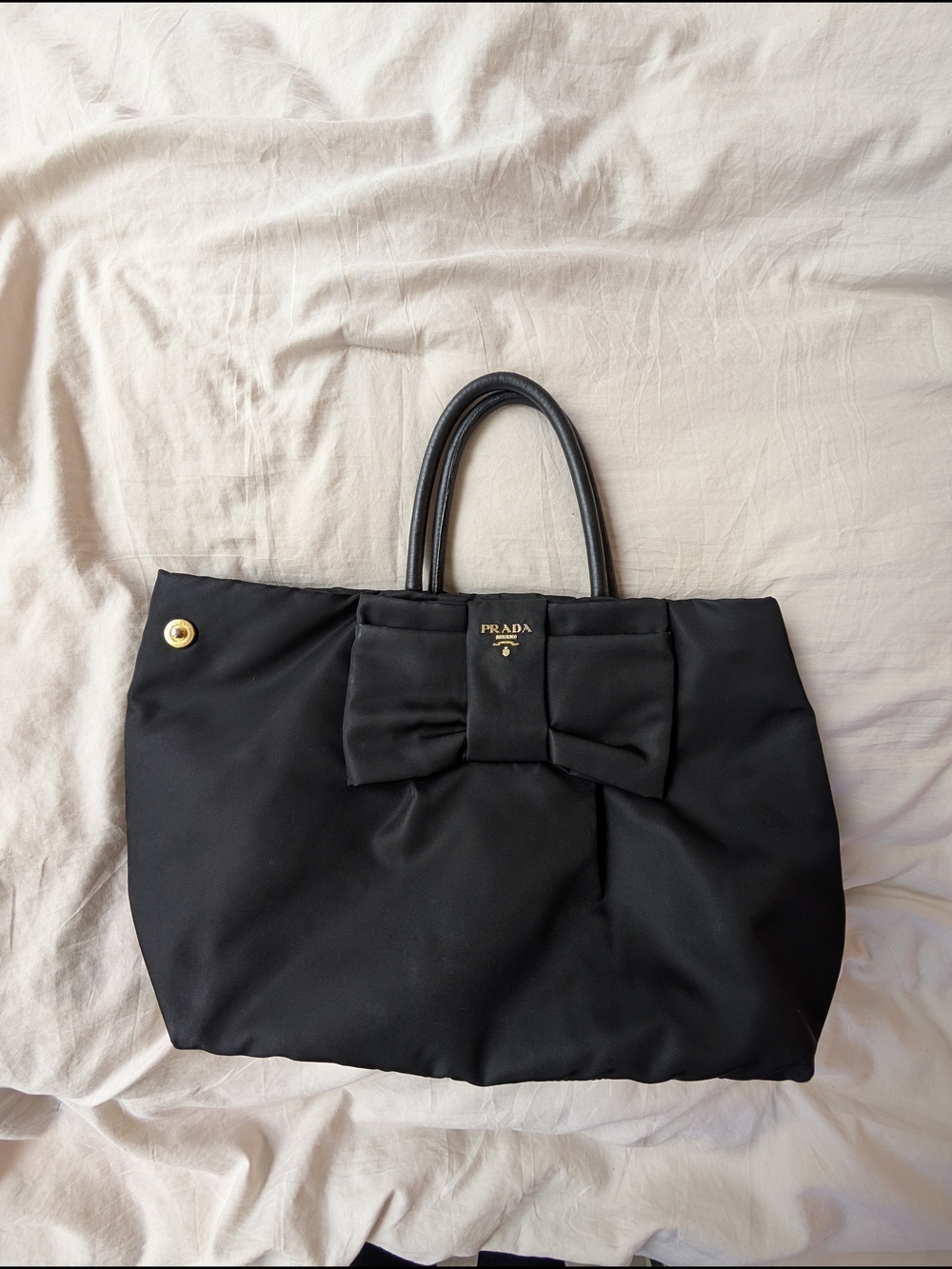 Prada Black Nylon Tote with Signature Bow and Gold Logo - Picture 10 of 13